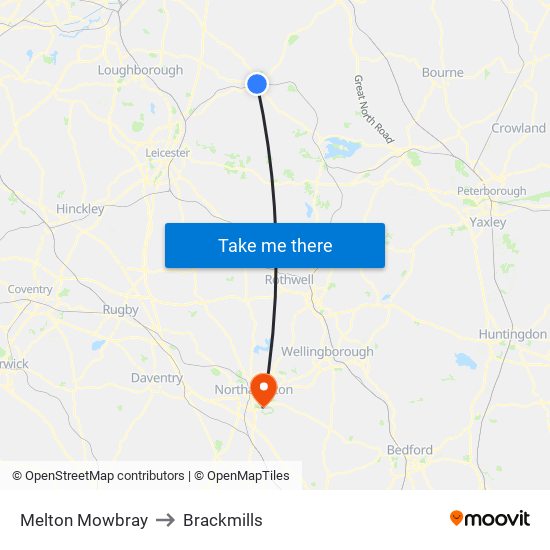 Melton Mowbray to Brackmills map