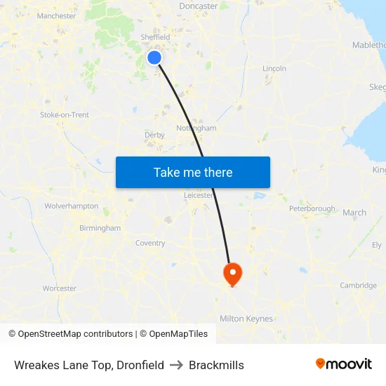 Wreakes Lane Top, Dronfield to Brackmills map