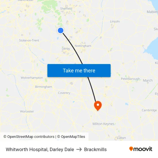 Whitworth Hospital, Darley Dale to Brackmills map