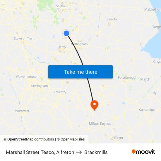 Marshall Street Tesco, Alfreton to Brackmills map