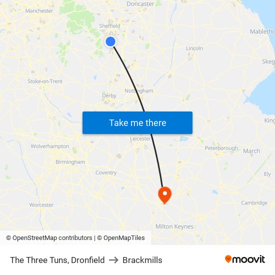 The Three Tuns, Dronfield to Brackmills map