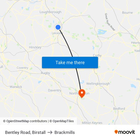Bentley Road, Birstall to Brackmills map