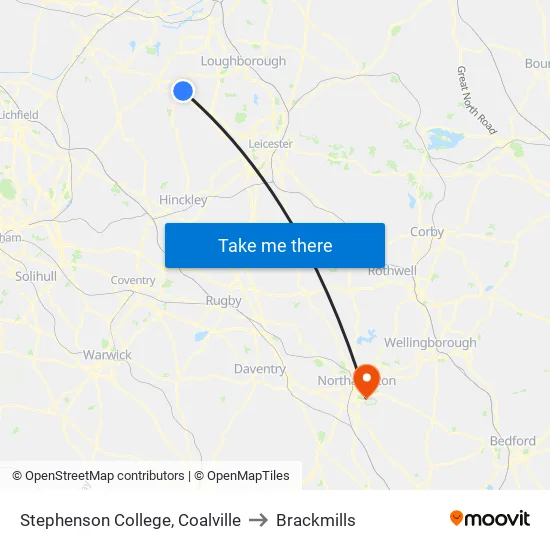 Stephenson College, Coalville to Brackmills map