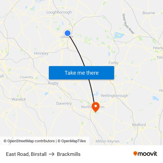 East Road, Birstall to Brackmills map