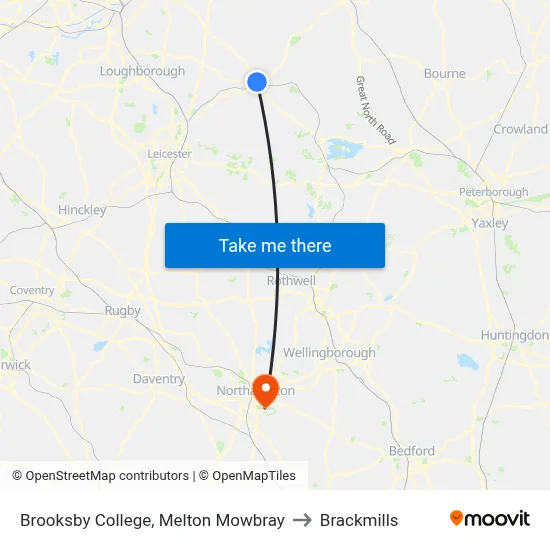 Brooksby College, Melton Mowbray to Brackmills map