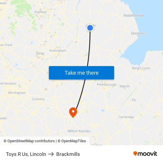 Toys R Us, Lincoln to Brackmills map