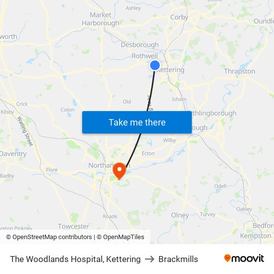 The Woodlands Hospital, Kettering to Brackmills map