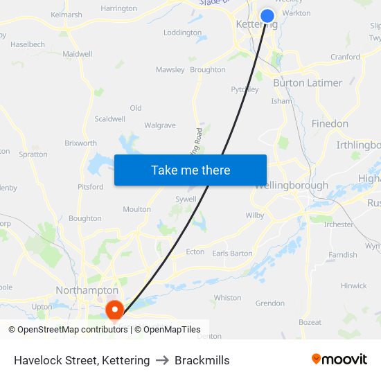 Havelock Street, Kettering to Brackmills map