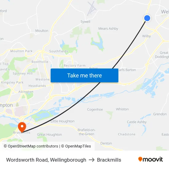 Wordsworth Road, Wellingborough to Brackmills map