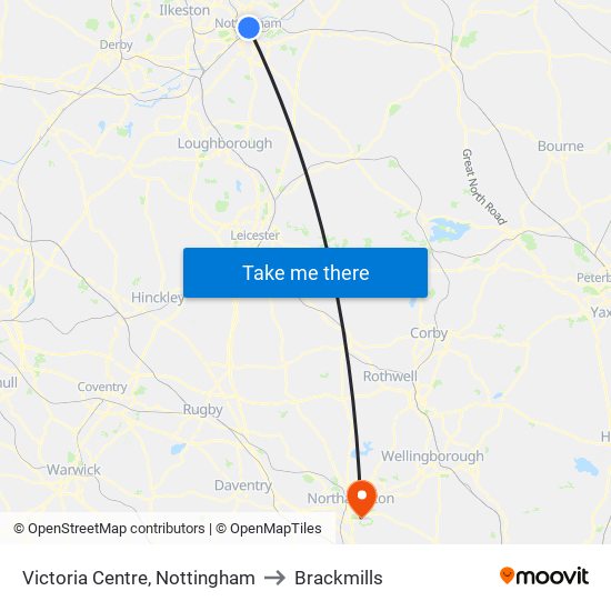 Victoria Centre, Nottingham to Brackmills map