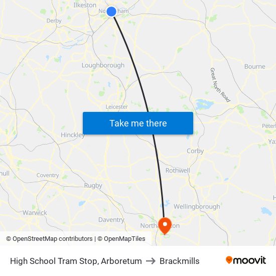 High School Tram Stop, Arboretum to Brackmills map