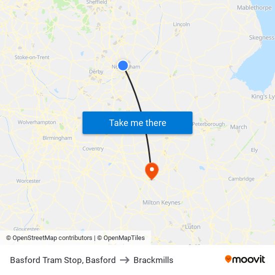 Basford Tram Stop, Basford to Brackmills map
