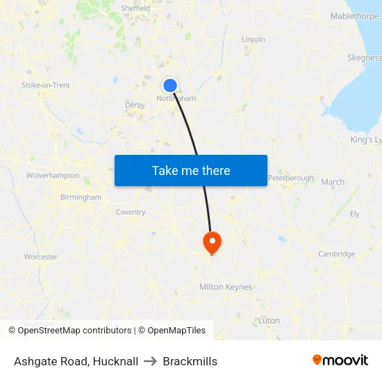 Ashgate Road, Hucknall to Brackmills map