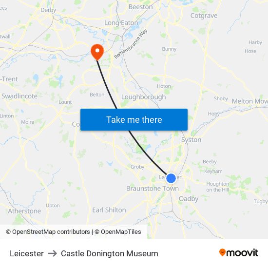 Leicester to Castle Donington Museum map
