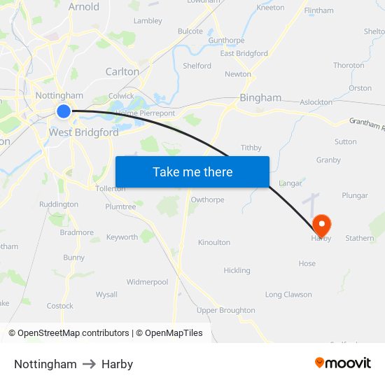 Nottingham to Harby map