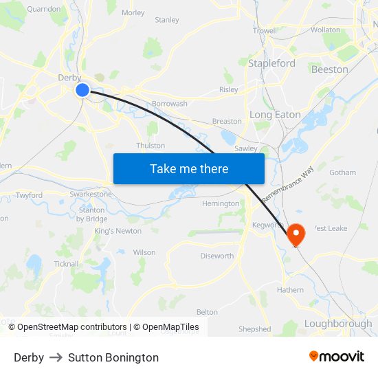 Derby to Sutton Bonington map