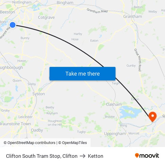 Clifton South Tram Stop, Clifton to Ketton map