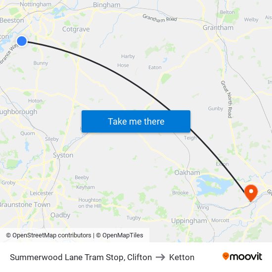 Summerwood Lane Tram Stop, Clifton to Ketton map