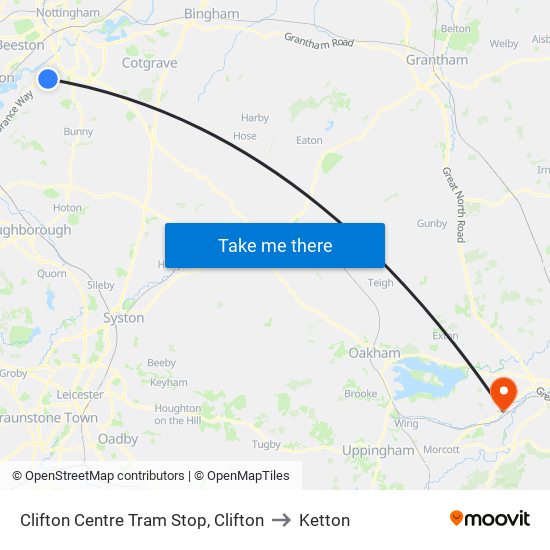 Clifton Centre Tram Stop, Clifton to Ketton map