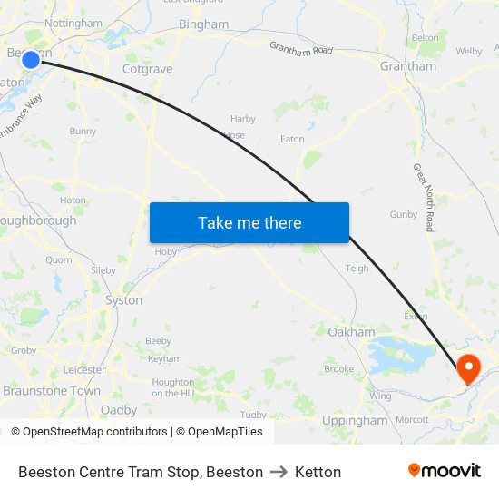 Beeston Centre Tram Stop, Beeston to Ketton map