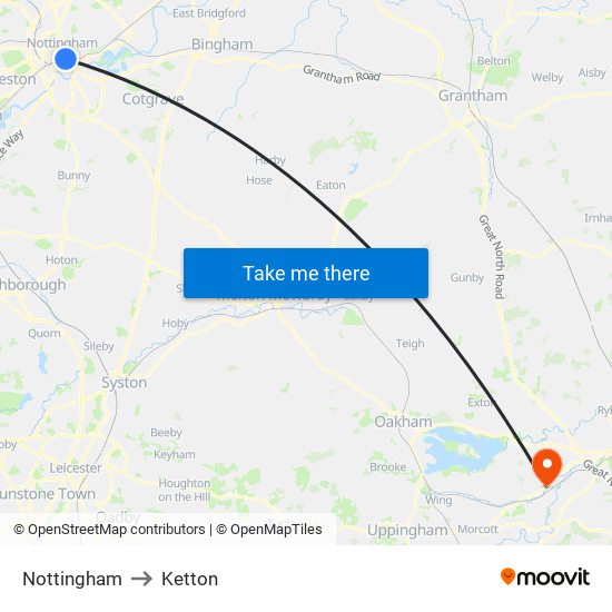 Nottingham to Ketton map