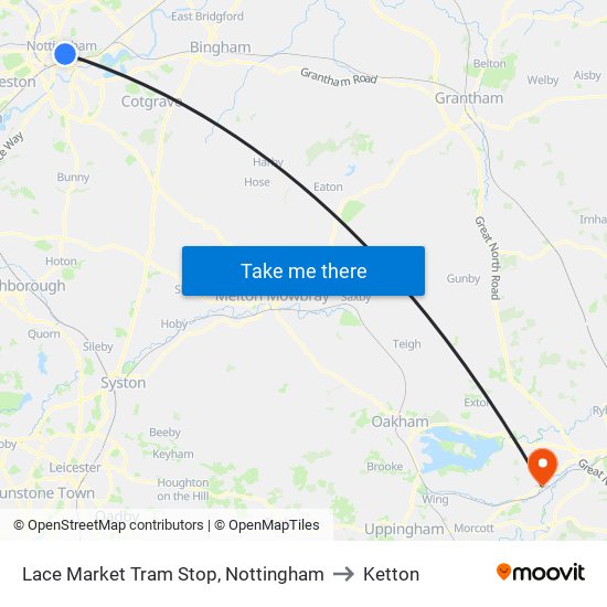 Lace Market Tram Stop, Nottingham to Ketton map