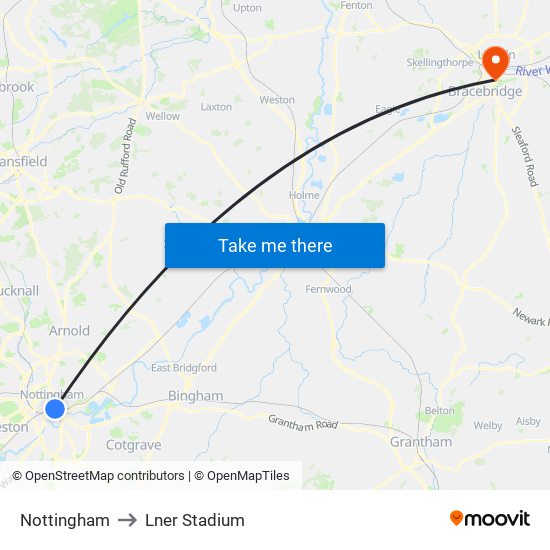 Nottingham to Lner Stadium map