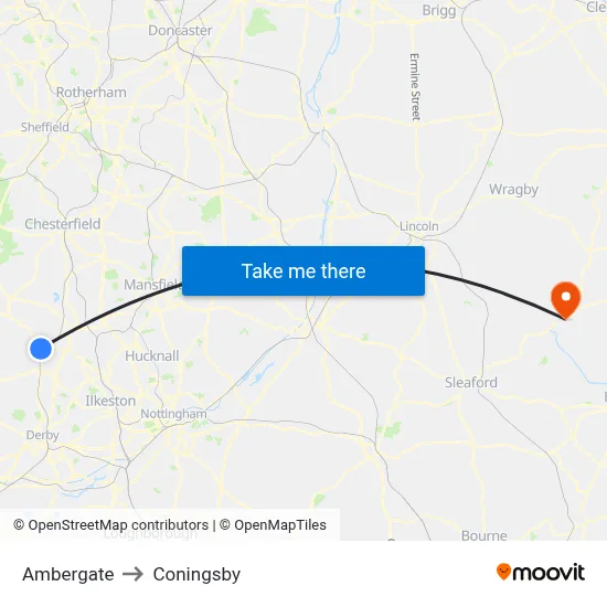 Ambergate to Coningsby map