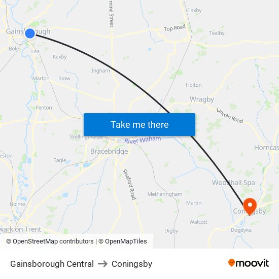 Gainsborough Central to Coningsby map
