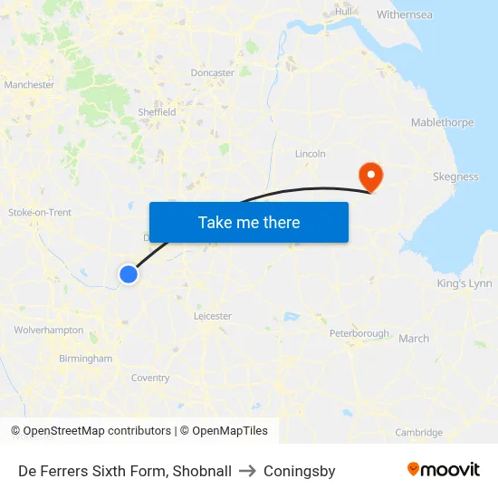 De Ferrers Sixth Form, Shobnall to Coningsby map