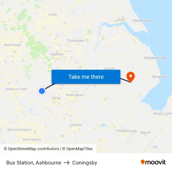 Bus Station, Ashbourne to Coningsby map