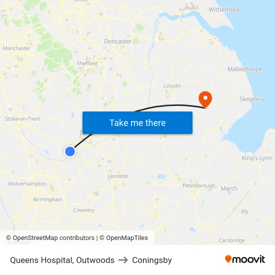 Queens Hospital, Outwoods to Coningsby map