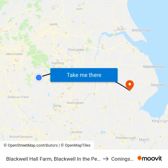Blackwell Hall Farm, Blackwell In the Peak to Coningsby map