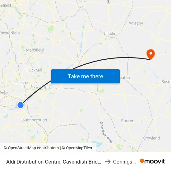 Aldi Distribution Centre, Cavendish Bridge to Coningsby map