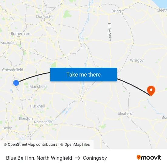 Blue Bell Inn, North Wingfield to Coningsby map