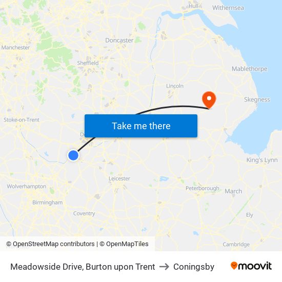 Meadowside Drive, Burton upon Trent to Coningsby map