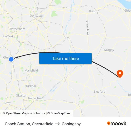 Coach Station, Chesterfield to Coningsby map