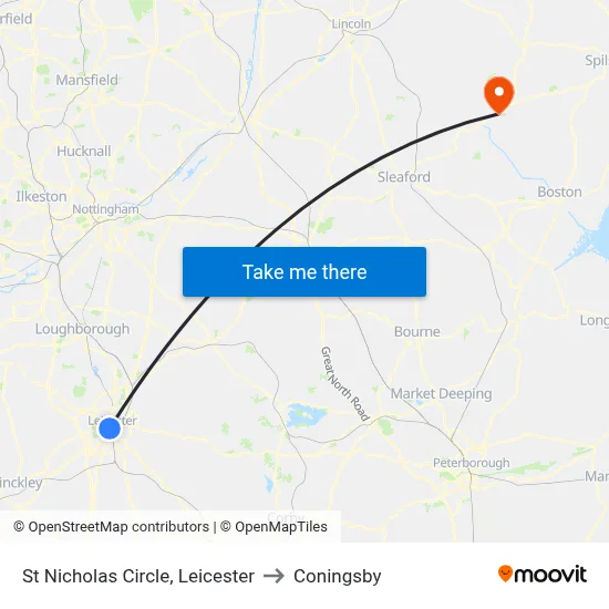 St Nicholas Circle, Leicester to Coningsby map