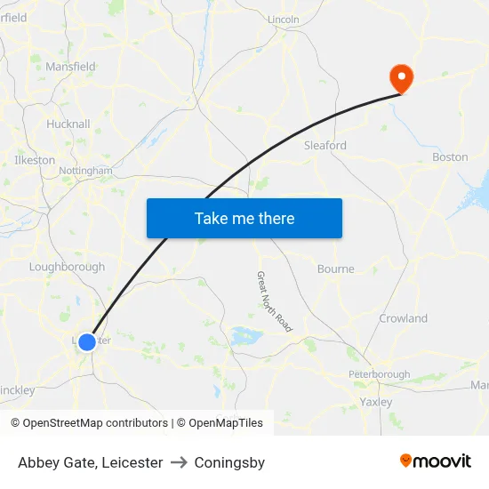 Abbey Gate, Leicester to Coningsby map