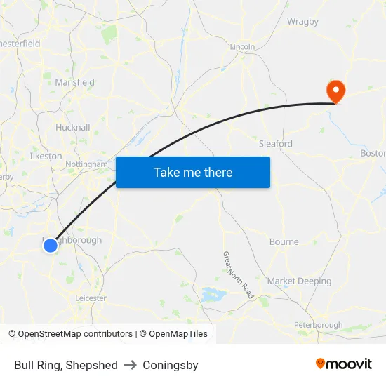 Bull Ring, Shepshed to Coningsby map