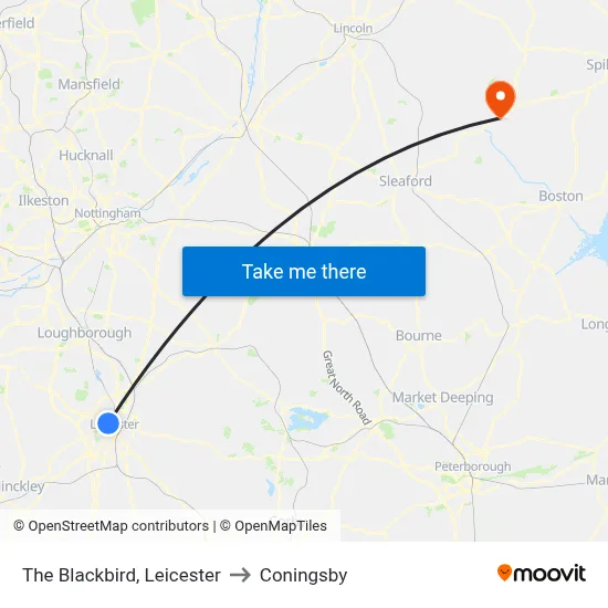 The Blackbird, Leicester to Coningsby map