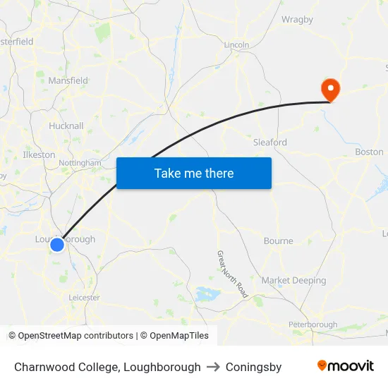 Charnwood College, Loughborough to Coningsby map