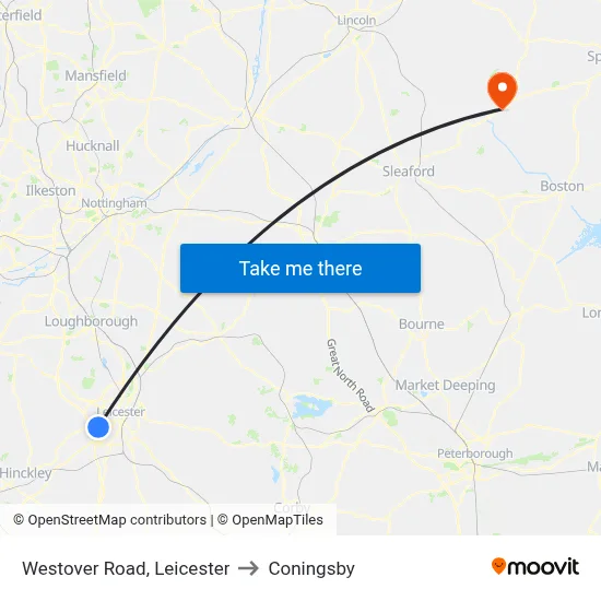 Westover Road, Leicester to Coningsby map
