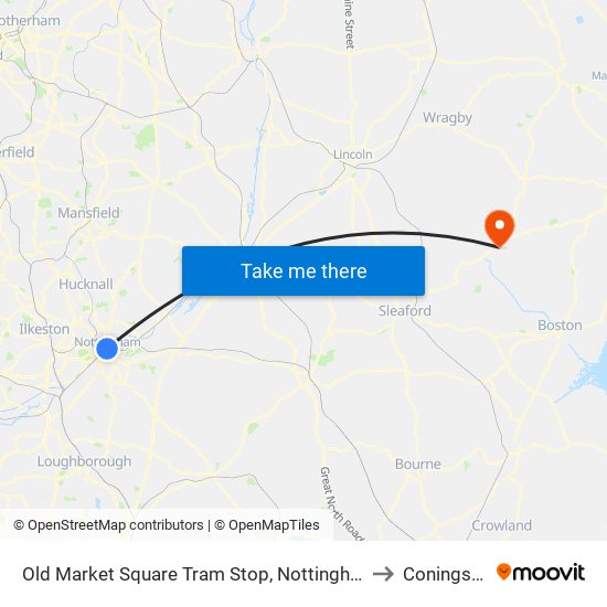 Old Market Square Tram Stop, Nottingham to Coningsby map