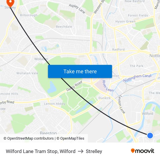 Wilford Lane Tram Stop, Wilford to Strelley map