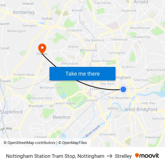 Nottingham Station Tram Stop, Nottingham to Strelley map