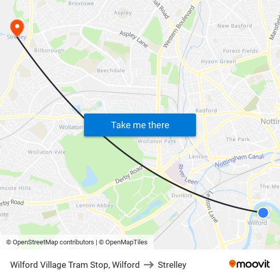 Wilford Village Tram Stop, Wilford to Strelley map