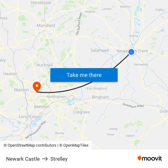 Newark Castle to Strelley map