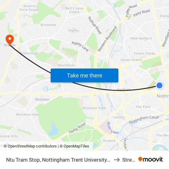 Ntu Tram Stop, Nottingham Trent University In City Centre to Strelley map