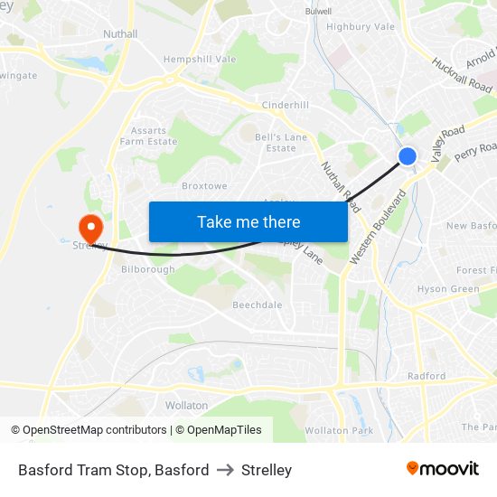 Basford Tram Stop, Basford to Strelley map